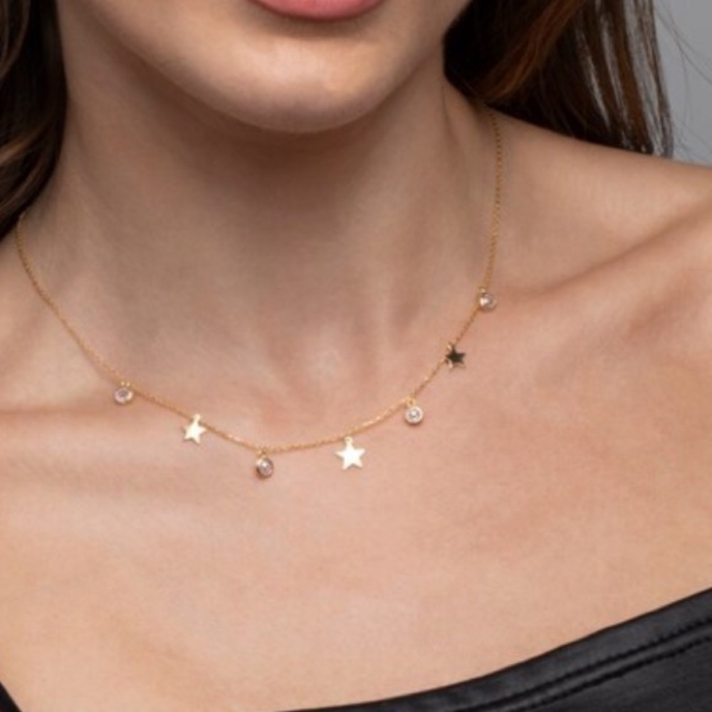 18k Gold Plated Star and Round CZ Charm Necklace. New. - Picture 2 of 9